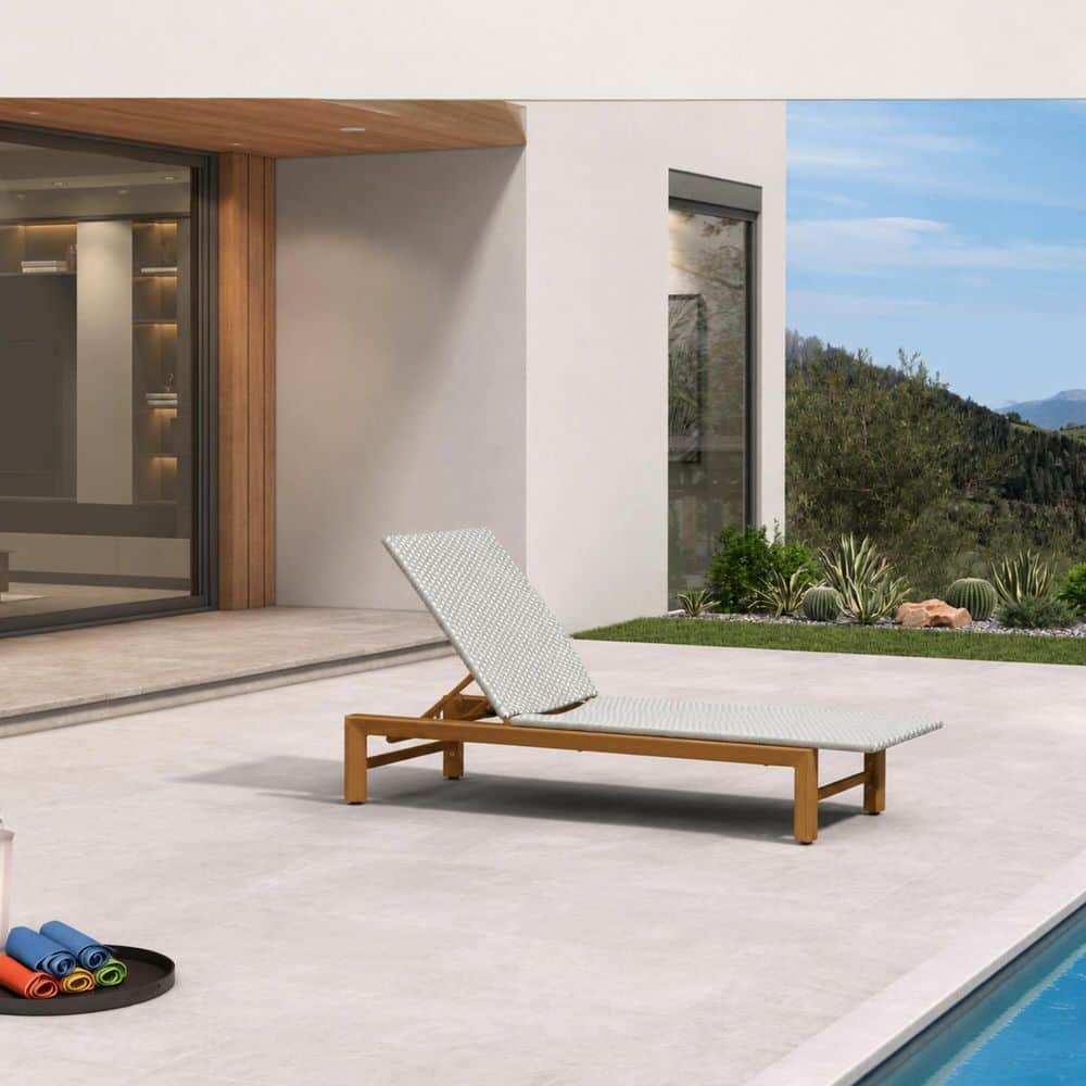 1-Piece Aluminum Outdoor Chaise Lounge Matte Teak Grain Finish Wicker Lounge Chair with Adjustable Backrest Grey White