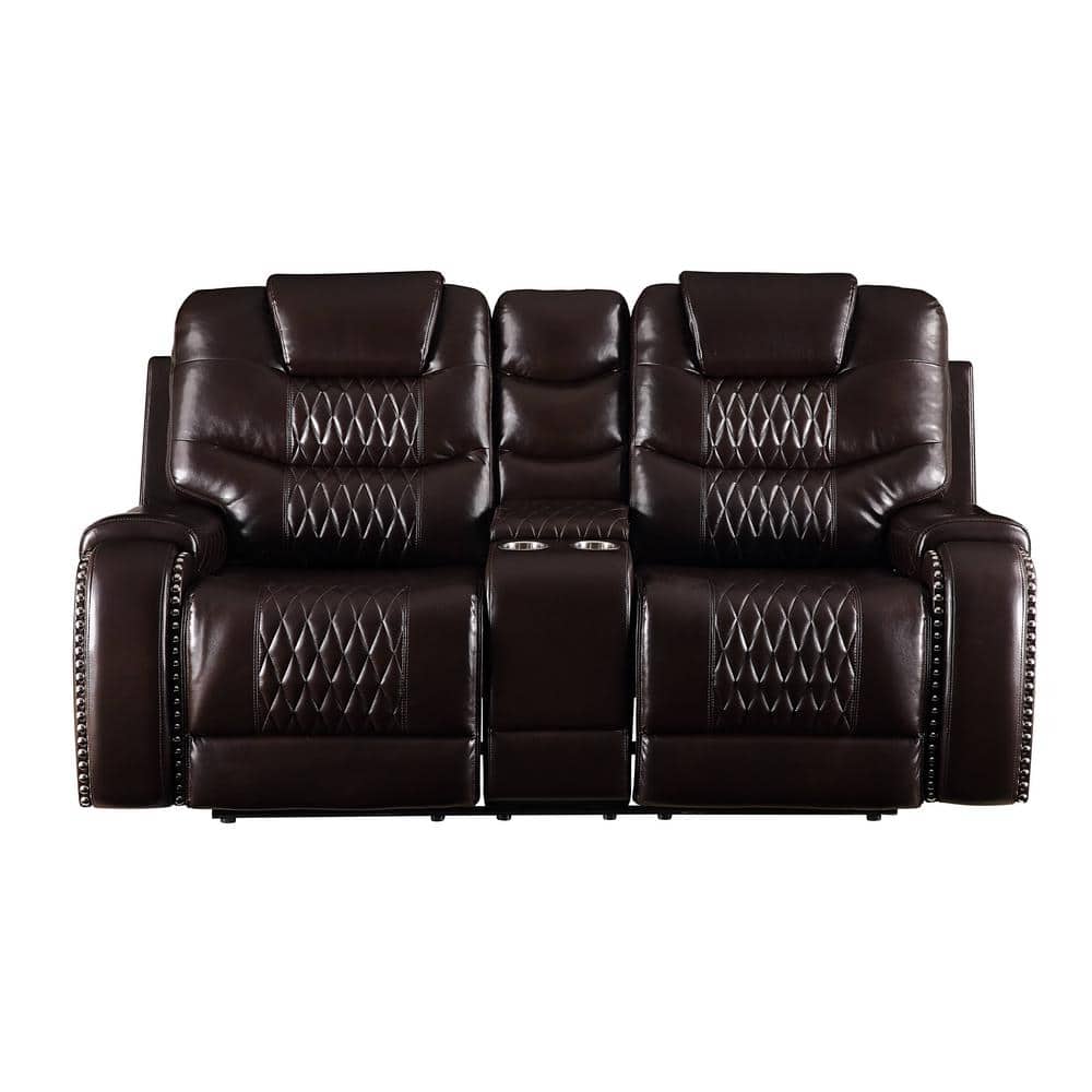 78" Brown Tufted Faux Leather Loveseat with Cup Holders