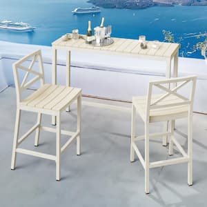 3 Piece 55" Beige Outdoor Dining Table Set Aluminum Bar Set HDPS Top With Bar Chairs Armless for Balcony