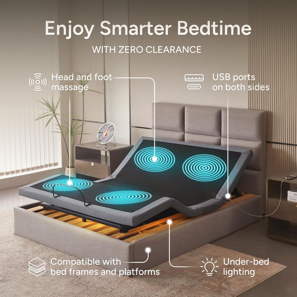Adjustable Gray Split-King Bed Frame USB, Dual Massage, Under-Bed Light, App Control, Head and Foot Incline Platform Bed - thumbnail 5