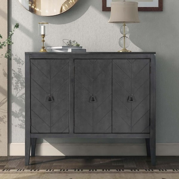 Unbranded Grey MDF 37 in. Retro Storage Sideboard 3-Metal Handles Door Buffet Cabinet with Adjustable Shelves