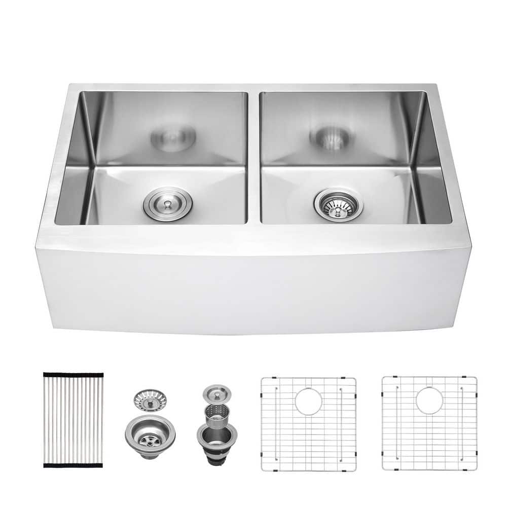 33'' Brushed Stainless Steel Double Bowl Farmhouse Kitchen Sink with Accessories