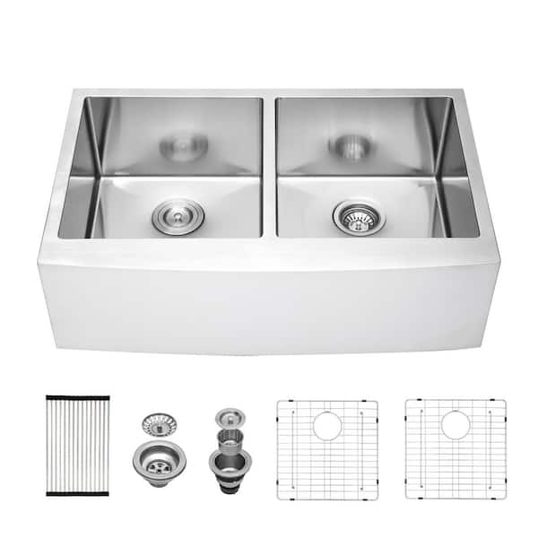 Logmey 33 in. Farmhouse Double Bowl Sink 16-Gauge Brushed Stainless Steel Kitchen Sink with Accessories