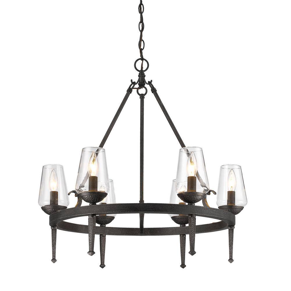 Rustic Black Iron 6-Light Chandelier with Clear Glass Shades