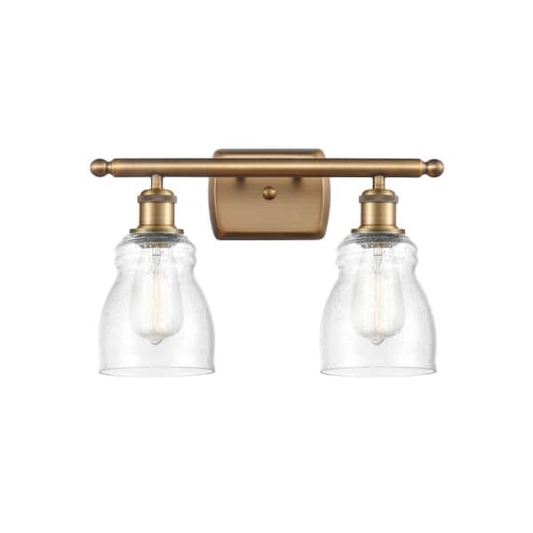 Ellery 16 in. 2-Light Brushed Brass Vanity Light with Seedy Glass Shade