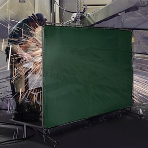 Welding Screen 8 ft. x 6 ft. Welding Curtain Flame-Resistant Portable Light-Proof with Frame 4-Wheels, Dark Green