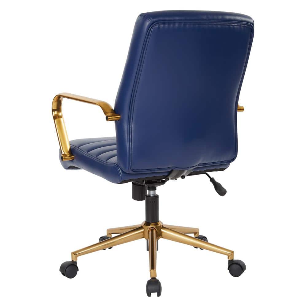 Baldwin Navy Faux Leather Mid-Back Swivel Chair with Gold Accents