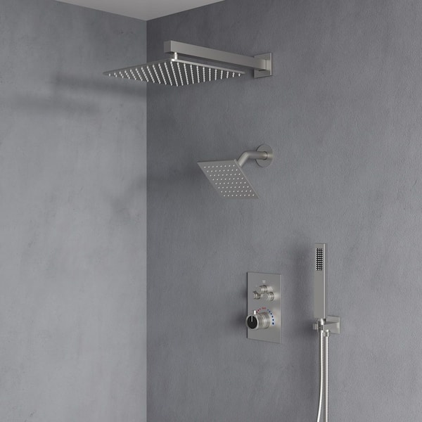 7-Spray 6 in. and 12 in. Thermostatic Wall Mount Shower Systems with Handheld Shower Head 2.5 GPM in Brushed Nickel
