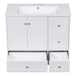 36 in. W x 18 in. D x 34 in. H Freestanding Bath Vanity in White with White Cultured Marble Top and USB Charging