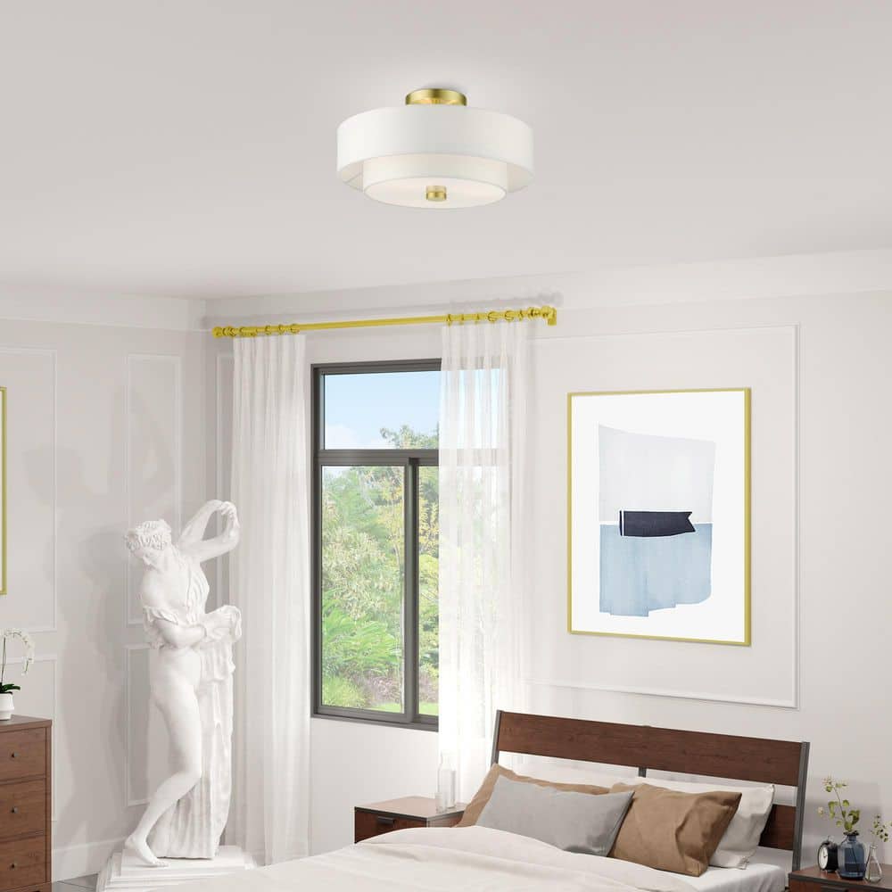 Satin Brass Modern 3-Light Semi-Flush Drum Light with Off-White Shade