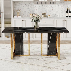 Modern Black/Gold Faux Marble Top 67.00 in. W Rectangle Pedestal Dining Table, Versatile Pairing, Seats 6