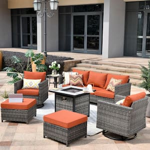 Positano Gray 7-Piece Wicker Patio Fire Pit Conversation Set with Orange Red Cushions and Swivel Rocking Chairs