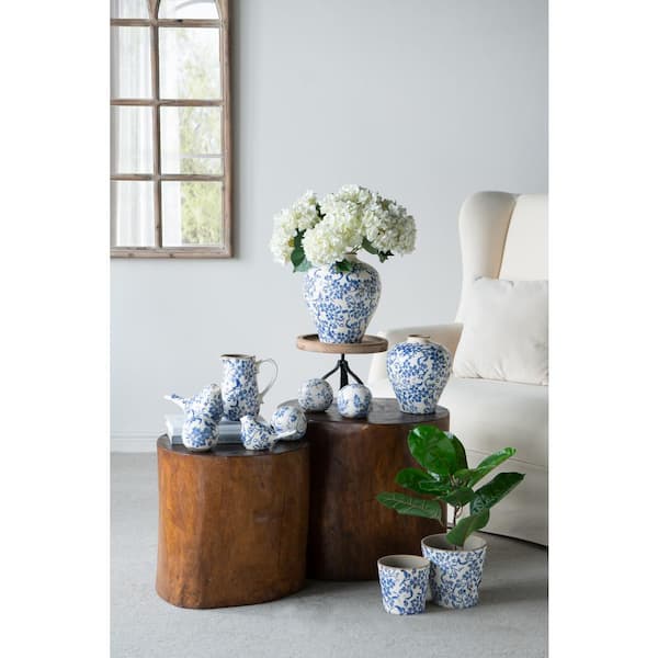 A & B Home 9.1 in. Blue and White Ceramic Urn Decorative Vase