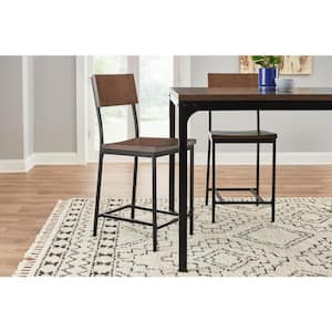 Porter Black Metal Counter Stool with Back and Haze Oak Finish Seat (Set of 2)