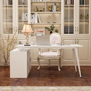 55.1 in. Width L-Shaped White Wooden 3-Drawer Computer Desk, Writing Desk with 2 Open Shelves & 1 Hutch, Office or Home