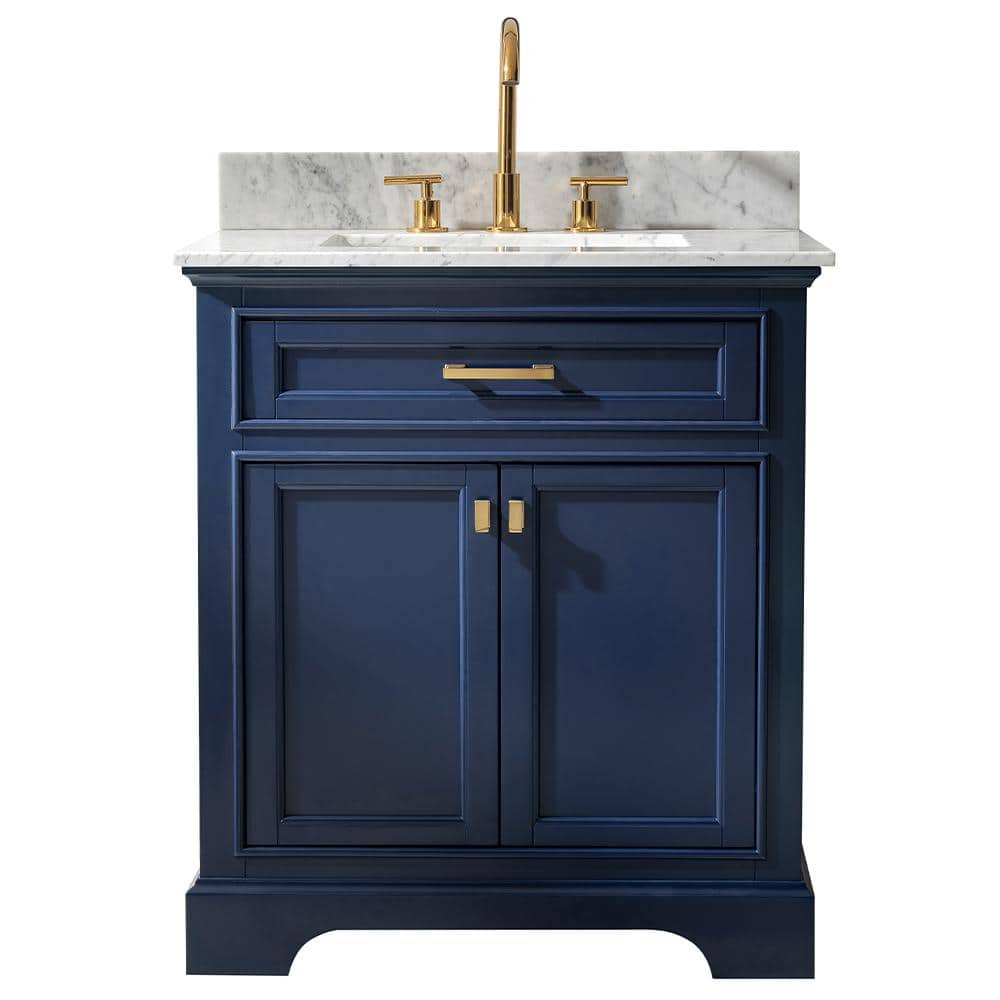 Design Element Milano 30 In W X 22 In D Bath Vanity In Blue With Carrara Marble Vanity Top In White With White Basin Ml 30 Blu The Home Depot
