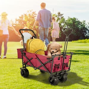3 cu.ft. Collapsible Wagon Cart Over-sized Wheels Portable Folding Steel Garden Cart with Adjustable Handles, Red