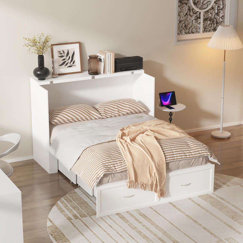 ｖｉｖｉｖｉｖｉ❤️ FUFU&GAGA White Wood Frame Full Size Bed Murphy Bed Chest Cabinet