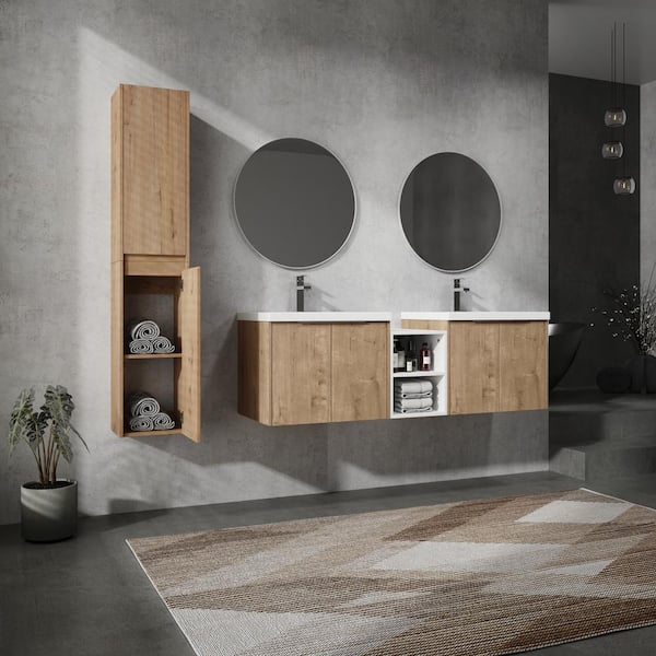 Geneva 60 in. W x 18.1 in. D x 19.3 in. H Floating Bath Vanity in Imitative Oak with White Resin Vanity Top