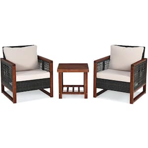 3-Piece Acacia Wood Patio Conversation Set with Square Wooden Table Hallow Wicker and Beige Cushions