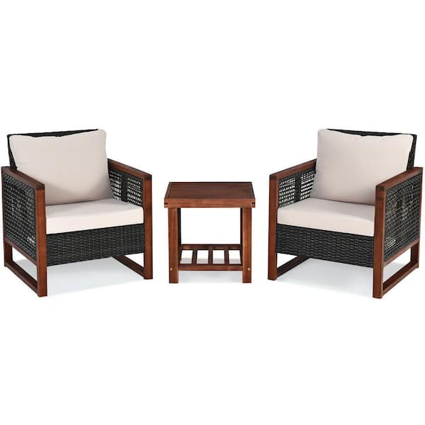 FORCLOVER 3-Piece Acacia Wood Patio Conversation Set with Square Wooden Table Hallow Wicker and Beige Cushions