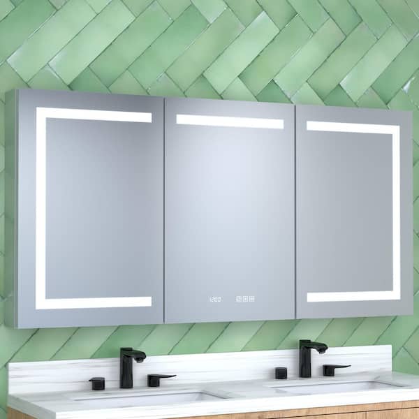 60 in. W x 30 in. H Rectangular Silver Aluminum Dimmable LED Light Recessed/Surface Medicine Cabinet with Mirror