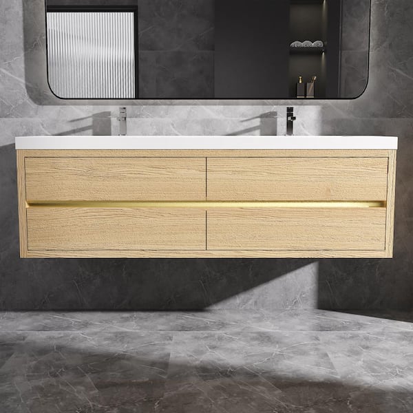 72 in. Wall-Mounted Floating Bath Vanity in Natural Oak with Double Solid Surface Sink Top in White