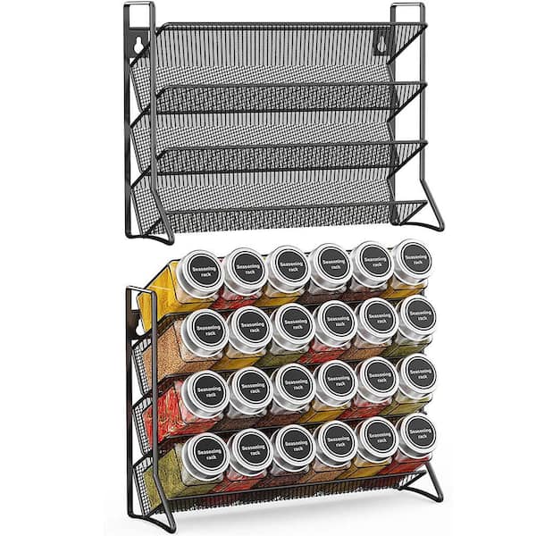 AULEDIO 2-Pack 4-Shelf Metal Black Freestanding Spice Rack, Wall-Mount Seasoning Jars Shelf Hold 24-Spice Jars