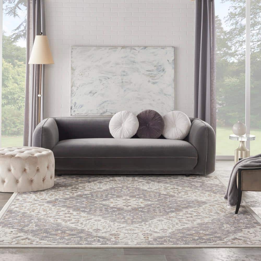 Ivory Grey Floral Synthetic 8' x 10' Area Rug