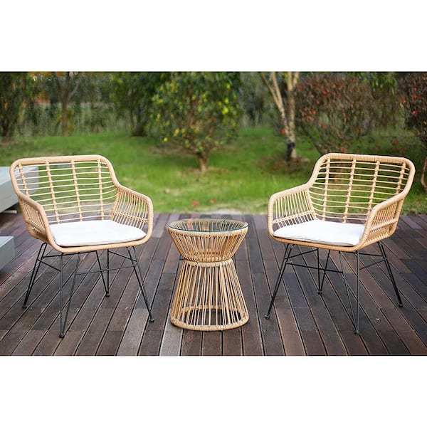 Unbranded 3-Piece Wicker Patio Conversation Set with Off-White Cushion