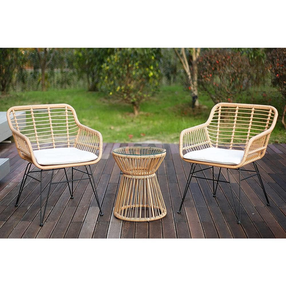 3-Piece Wicker Patio Conversation Set with Off-White Cushion