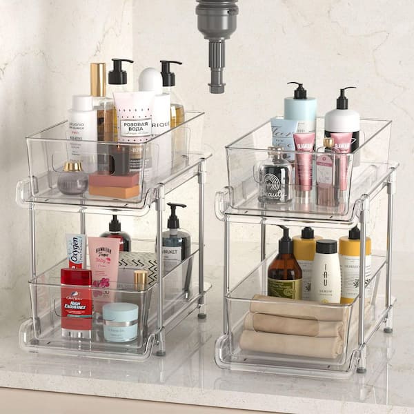 2-Pack 2-Tier Clear Pantry Organizer with Dividers, Under Sink and Pull Out Cabinet Organizer for Kitchen