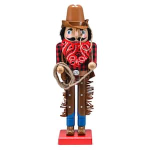 14 in. Wooden Christmas Western Cowboy Nutcracker - Brown and Red Nutcracker Cowboy with Lasso Holiday Decor