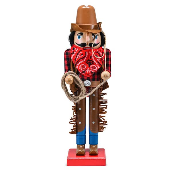 ORNATIVITY 14 in. Wooden Christmas Western Cowboy Nutcracker - Brown and Red Nutcracker Cowboy with Lasso Holiday Decor