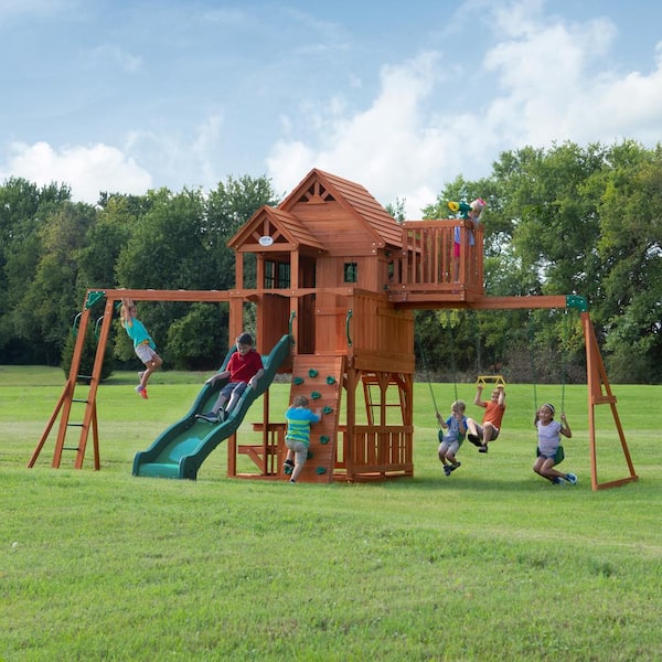 Backyard Discovery Skyfort II All Cedar Swing Set Playset with Monkey Bars, Upper Fort, Belt Swings, Trapeze, Rockwall, and Wave Slide