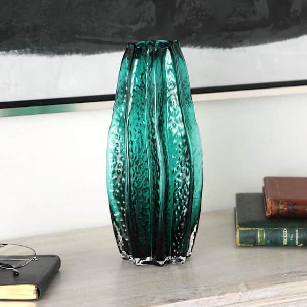 Litton Lane 12 in. Green Handmade Bubble Textured Glass Decorative Vase with Wavy Body