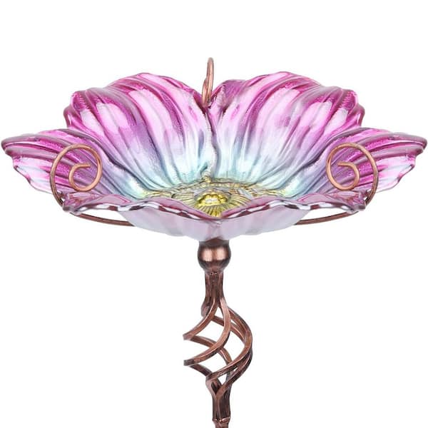 31 in. H x 11 in. Dia Pink Glass Birdbath with Metal Stake