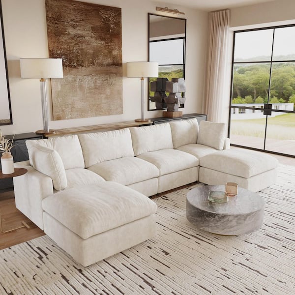 100 in. Square Arm 6-Piece Chenille L-Shaped Modualr Sectional Sofa with Detachable Covers, Ottoman in. Beige for Office