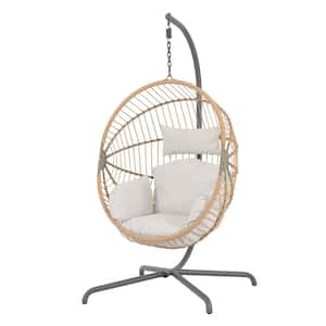 OC Orange Casual Beige Wicker Indoor Outdoor Egg Swing Chair with Beige Cushions