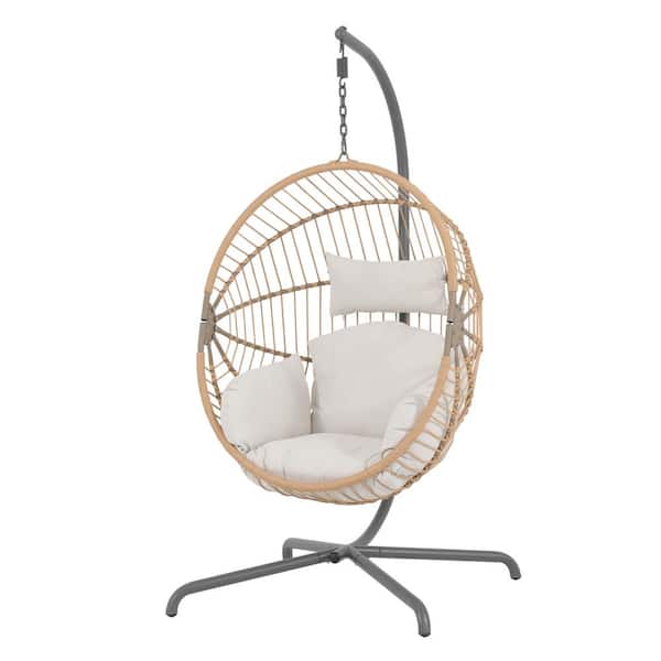 Freestyle Wicker Beige Indoor Outdoor Porch Swing Egg Chair with White Creamy Cushions