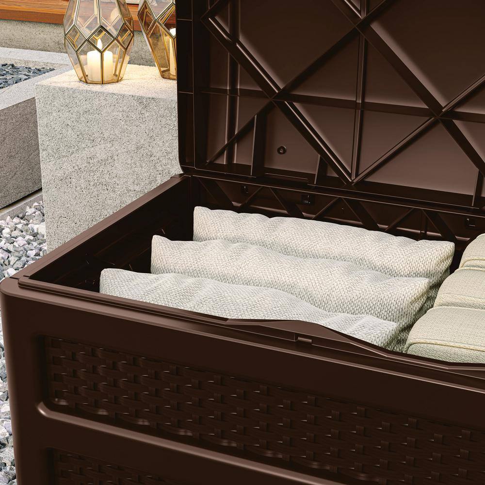 Brown Lockable Plastic Wicker Deck Box with Wheels