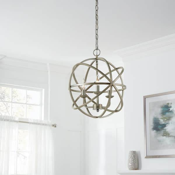 Home Decorators Collection Sarolta Sands 3-Light Antique Silver Leaf Chandelier Light Fixture with Caged Globe Metal Shade