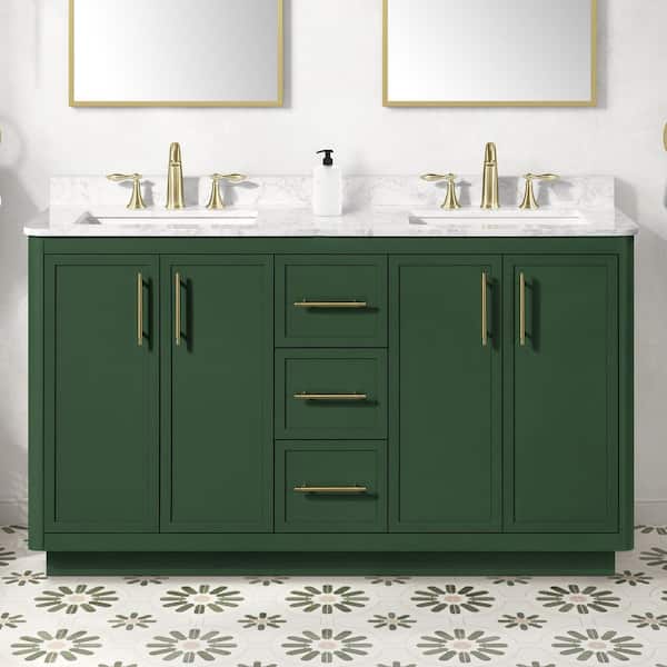 Tamsin 60 in. Double Sink Forest Green Bath Vanity with White Round Corner Engineered Marble Top (Assembled)