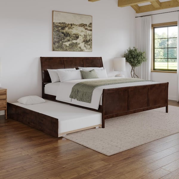AFI Portland Walnut Brown Solid Wood Frame King Platform Bed with Matching Footboard and Twin XL Trundle