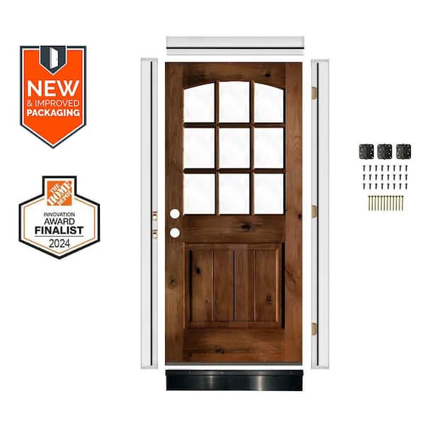 DIY 32in.x80in. Arch Top RH Clear Glass Window Provincial Stain Knotty Alder Wood Front Door Kit w/ Quick Assemble Jamb
