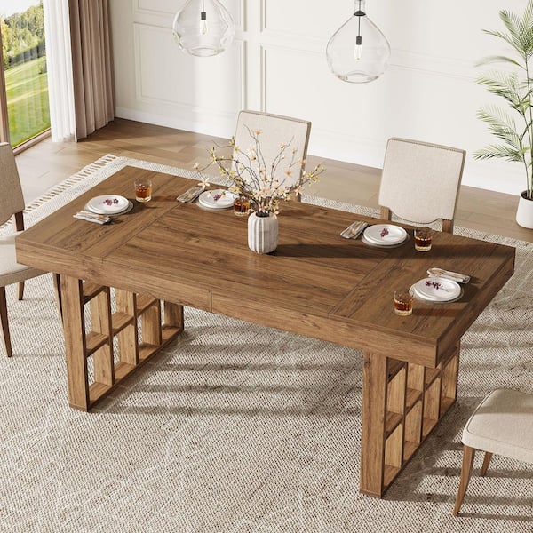 BYBLIGHT Roesler Rustic Brown Engineered Wood 62.9 in. Double Pedestal Rectangle Dining Table Seats 6