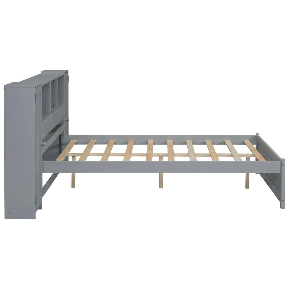 Gray Full Size Wood Platform Bed with Storage Headboard and Cabinets