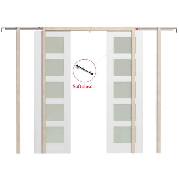 56 in. x 80 in. Double Door White Primed Composite 5 Lite Frosted Glass Pocket Door with Soft Close, Frame and Hardware