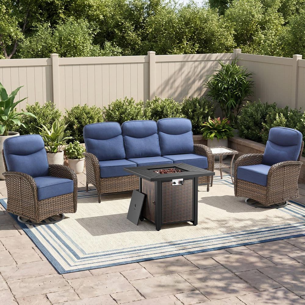 Goyal 5-Piece Wicker Patio Conversation Set with Fire Pit, Outdoor Swivel Furniture Sets with 6 in. Cushions in Blue price history on PriceWatchPro