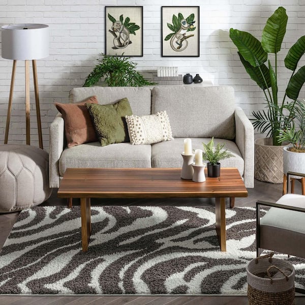 Madison Shag Safari Zebra Modern Animal Print Brown Thick Pile 7 ft. 10 in. x 9 ft. 10 in. Area Rug